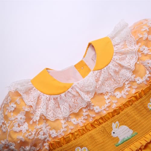 Pettigirl Girls Easter Yellow Smocked Lace Ruffle Dresses Kid Toddler Vintage Clothes Size 2 3 4 5 6 7 8 9 10 11 123