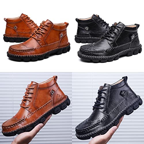 Men's Vintage Mid-top Chukka Leather Boots,Comfy Hand-Stitching Lace-up Non-Slip Softsole Work Military Combat Booties3