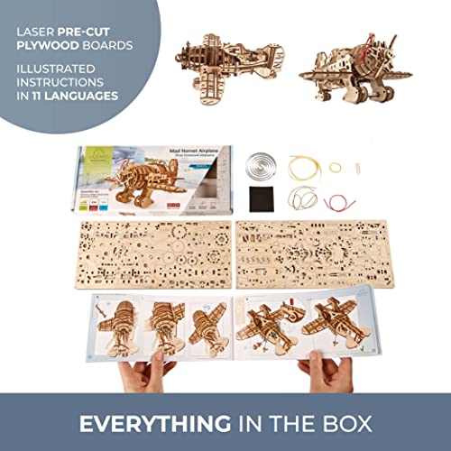 Ugears Wooden Airplane Model Kit - Mad Hornet Airplane 3D Puzzle - 1930'S Racing Aircraft Wood Model With Wind - Up Helical Spring Motor - 3D Puzzles For Adults - Vintage Mechanical Model Airplane Kit #TOP6