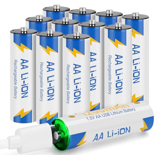 volkate Lithium Batteries AA Rechargeable 12 Pack, 1.5V 1200mAh/1800mwh USB-C Li-ion Double AA Battery with 1200 Cycles, Fast Charging, for Blink Outdoor Camera, Toy, VR/Xbox Controller, Flashlight