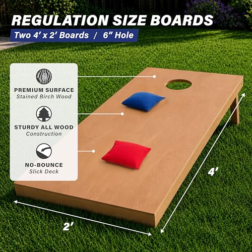 Image of GoSports 4 ft x 2 ft Regulation Size Wooden Cornhole Boards Set with Light Brown Finish - Includes Carrying Case (Choose Your Colors)