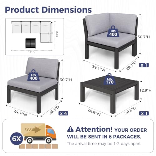 Image of Modular Outdoor Patio Conversation Set, 6-Piece L-Shaped Sectional Sofa Set with Coffee Tables & Thick Cushions, Easy Side Interlock, HIPS All-Weather Patio Furniture Set for Backyard, Deck, Poolside