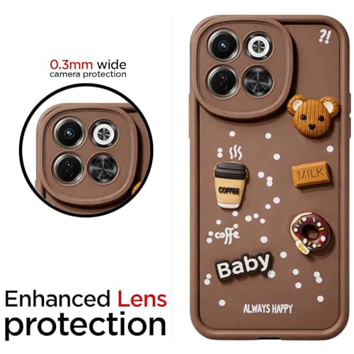 Image of Bintage CASE Cute Fun Taddy Cartoon 3D Ball Bear Milk Cake Coffee Silicon Case Full Body & Camera Protection Back Cover Compatible for Tecno Pova 6 Neo 5G - Brown