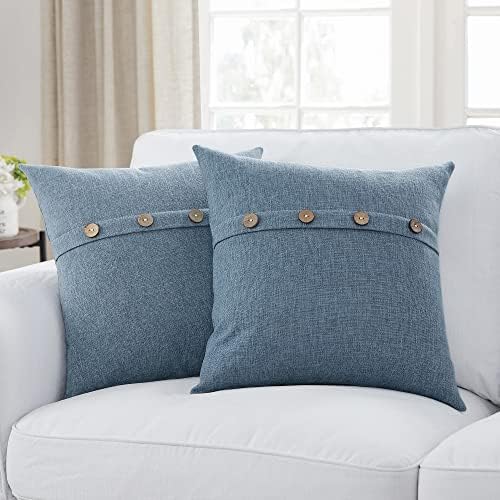 Meekio Set of 2 Deep Grey Blue Square Pillow Covers 18 x 18 Farmhouse Pillow Covers with Coconut Buttons for Sofa Couch Living Room Bedroom