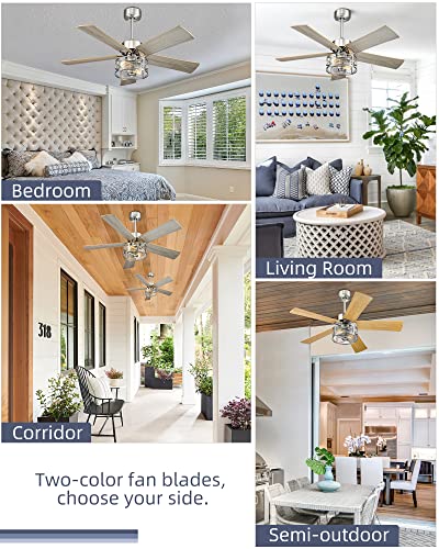 Image of YOUKAIN Farmhouse Ceiling Fans, 48 Inch Industrial Ceiling Fan with Light and Remote Control, Clear Glass, 5-Reversible Blades with Gray Oak /Burlywood Finish, 52-YJ632-BN