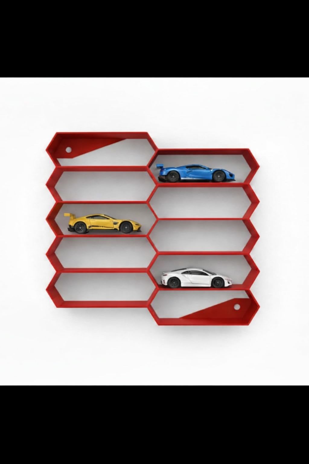 10-Car Hexagon Wall Rack Compatible with Hot Wheels Stand & 1:64 Die-Cast Cars | Stackable Wall Car Display Organizer with Side Guards & Screw Slot | Home & Office Decor (NO CAR INCLUDED)(Red)-image-40