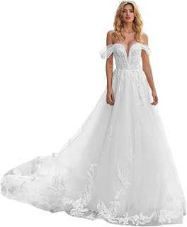 Off Shoulder Lace Wedding Dresses for Bride Puffy Tulle Bridal Gown with Train Long V Neck Wedding Gown for Women