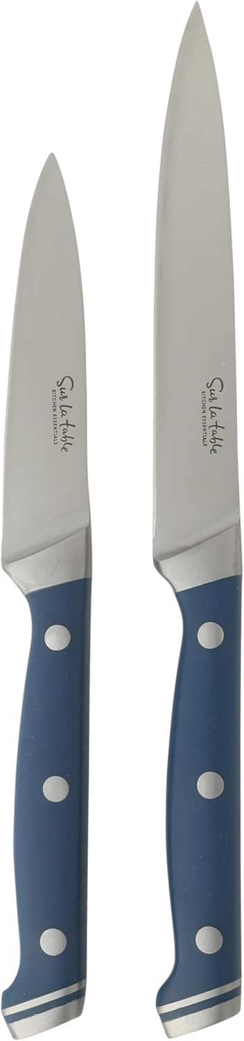 Sur La Table Kitchen Essentials Knife Set with Block, 14-Piece Forged German Steel Kitchen Knives, Beech Wood Block, Chef, Santoku, Bread & Steak Knives, Shears & Sharpener - Blue