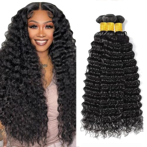 28 30 32 Inch #1B Natural Black Human Hair Bundles Deep Wave Bundles Human Hair Unprocessed Virgin Weave 3 Bundles Raw Human Hair Extensions 300G Total for Woman