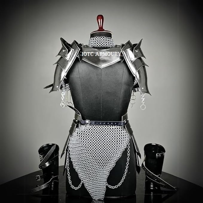 Medieval Cuirass Armor-Brave Lady Knight Armor with Chainmail-Perfect for LARP, Renaissance, Cosplay Replica, Halloween & Fantasy Party Costume Black
