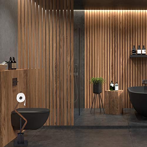 Image of Relaxdays Standing Toilet Set Wood and Steel Toilet Roll Holder with Brush, 1 Piece, Black /Brown