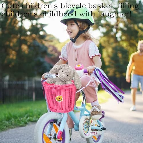 Fahrradkorb Kinder, Fahrradkorb Geflochten für Mädchen und Kinder Vorne, Fahrrad Korb Weidenkorb Vorne mit mit Lederriemen Luftschlangen Fahrradklingel Aufkleber, Mädchen Fahrrad Korb Zubehör