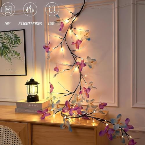 Image of LED Artificial Butterfly Flower String Lights for Wall Decoration, Flexible Vine Lights with Remote Control & USB (Butterfly Branch Light)