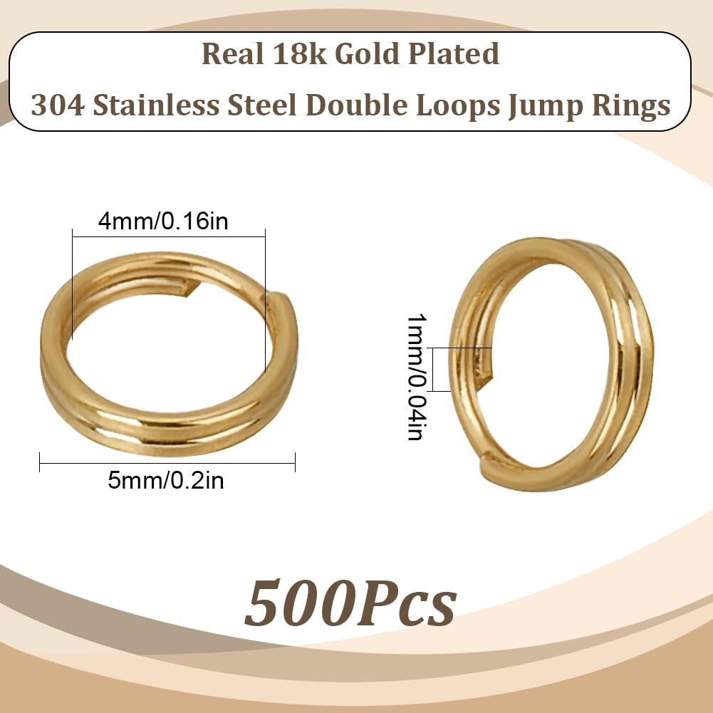 SUNNYCLUE 1 Box 500Pcs 5mm Real 18K Gold Plated Jump Rings Split Keyrings Bulk Double Loops Stainless Steel Small Metal Rings for Jewelry Making Supplies DIY Necklace Bracelet Earrings Keychains