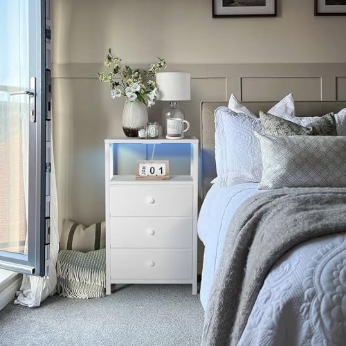 Image of BOLUO White Night Stand with 3 Fabric Drawers, Nightstand with Charging Station LED Nightstand for Bedroom, Bedside Table with USB Ports and Outlets Modern
