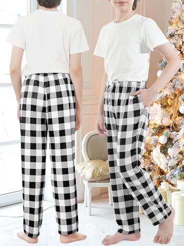 Cooraby Boys Plaid Pants with Pockets Elastic Waist Drawstring Printed Plaid Pants Christmas Plaid Pants for Boys Girls3