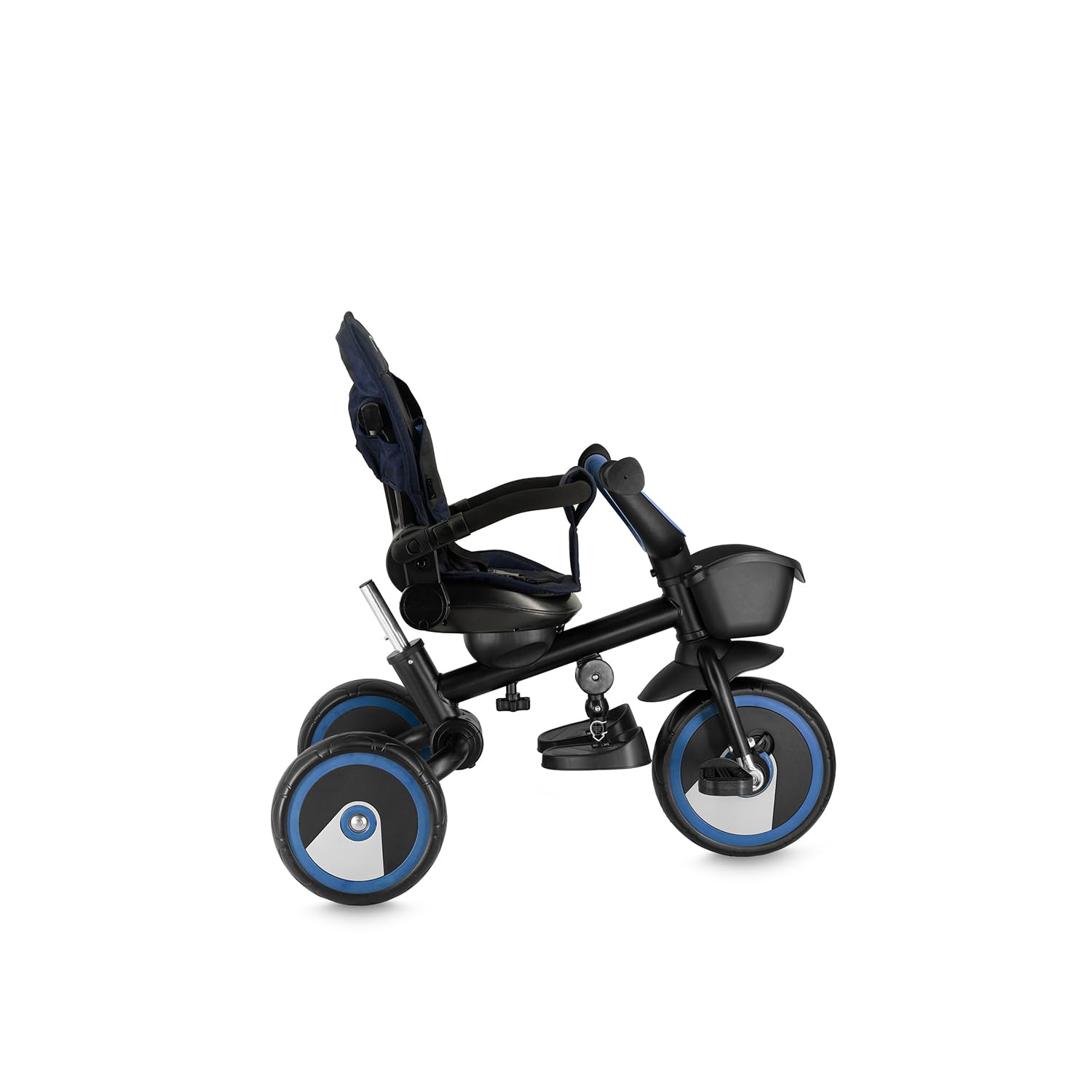 Triciclo per bambini MoMi IVI, seduta girevole 360°, cinture a 3 punti, poggiapiedi, tettuccio parasole, ruote EVA, manubrio regolabile, borsa e cestino portaoggetti