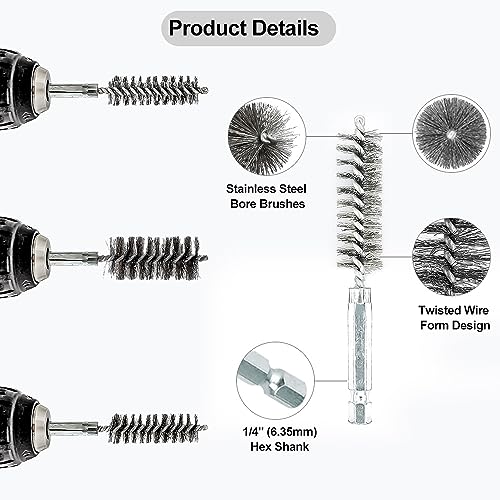 Image of 14Pcs Stainless Steel Wire Bore Brush for Power Drill Cleaning 5 /16 inch-1 inch | Stainless Steel Copper Pipe Cleaner Set,Abrasive Drill Wire Brush with 1 /4 inch Hex Shank,Wire Brush Drill Attachment