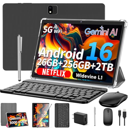 Image of Android 16 Tablet with Keyboard - 10 inch Tablet with 26GB+256GB+2TB Expand | 2026 Electronic Tablet with Gemini AI, 8-Core, 5G WiFi, 8000mAh, GPS, GMS, 2 in 1 Tablet PC with Case, Mouse, Stylus (Silver)
