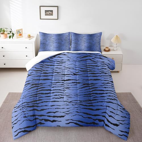 Image of Feelyou Kids Blue Black Boys Girls Bedding Set Full, Zebra Stripes Comforter Safari Animal Fur Print Comforter Set for Kids Teens Jungle Duvet Set 3Pcs
