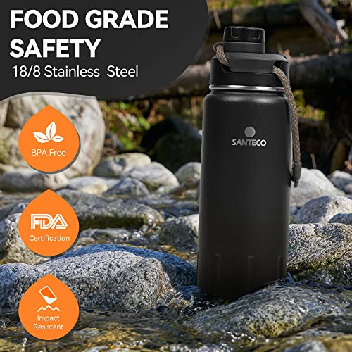 Insulated Water Bottles 24 Oz, Santeco Stainless Steel Bottles With Lanyard & Wide Mouth Spout Lid, Leak Proof, Double Wall Vacuum Water Bottle, Keep Drinks Hot & Cold For Hiking Camping - Black #TOP3