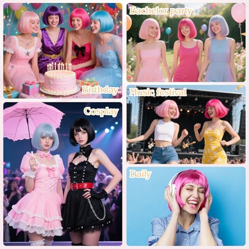 Image of MEEZY Blonde Short Bob Wigs Straight Hair with Flat Bangs Heart Sunglasses for Women, Colorful Funny Cosplay Party Neon Wig Synthetic Natural As Real Carnival Halloween Costume Party Favors