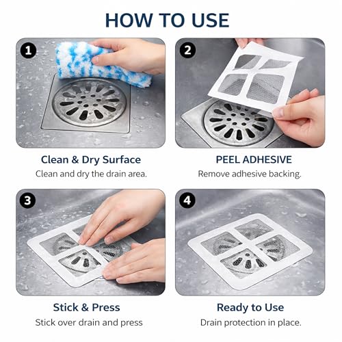 Image of Drain Hair Catcher Disposable Mesh Filter (Pack of 20) | Self Adhesive Sink & Bathroom Drain Cover | Anti Clog Kitchen Sink Strainer | Shower & Wash Basin Hair Trap Protector