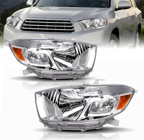 Headlight Assembly Compatible with 2008 2009 2010 Toyota Highlander Driver Passenger Side, Chrome Housing Amber