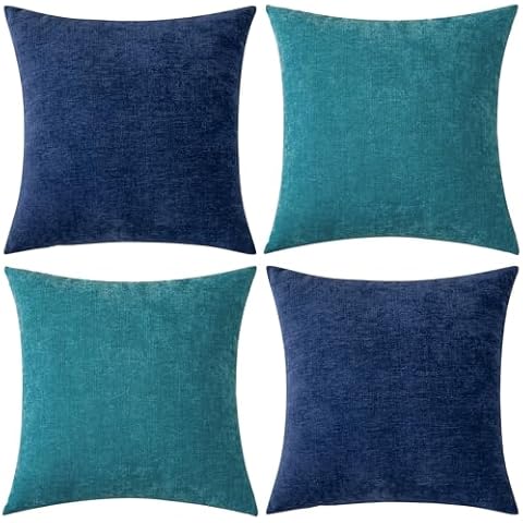 GAWAMAY Pack of 2 Couch Throw Pillow Covers 18x18 Inch Soft Square Chenille Pillow Cover for Sofa Living Room Bedroom Car Solid Dyed Pillow Cases (Only Pillowcases) 45x45cm,Navy Blue, Teal Cover