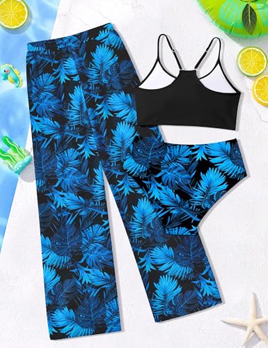 Image of NECIOUS Girls Swimsuit, 3 Piece Bikini Bathing Suit Tropical Floral Swimwear with Cover Up Pants 7-16Y