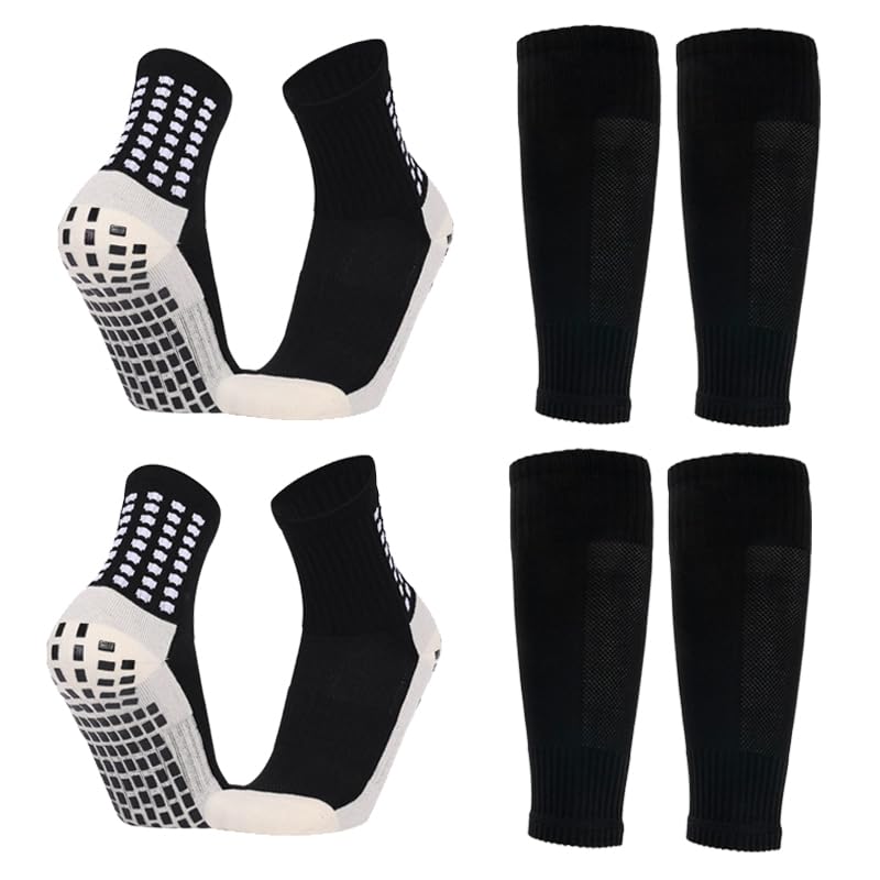2 Set Kids Grip Soccer Socks with Shin Guard Sleeves, Anti-Slip for Ages 7-14 Youth Boys Football Basketball Training