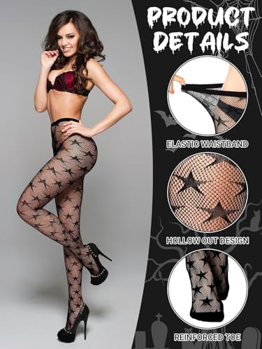 3 Pairs Black Stars Floral Tight Legging Lace Patterned Fishnet Tights Small Hole High Pantyhose Waist for Halloween2