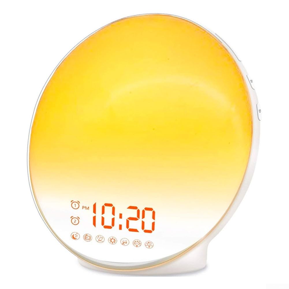 Reloj despertador de amanecer, alarmas duales de simulación, lámpara de noche para mesita de noche, brillante con alarmas duales y radio FM para niños