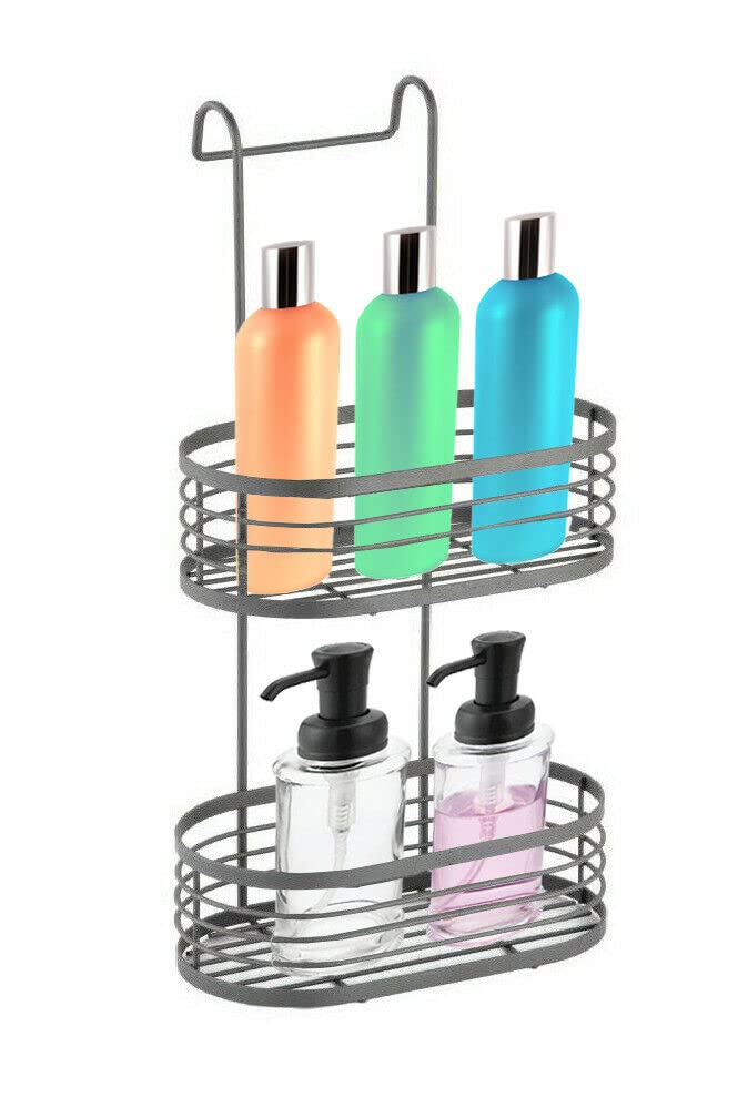 Optimal Products Grey 2 Tier Over Shower Screen Caddy Hanging Bathroom Organiser Shower Rack Storage Tidy