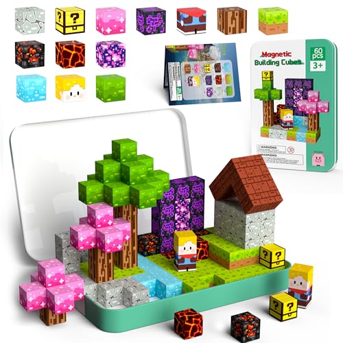 Petenjoy Mini Magnetic Blocks Travel Set with Iron Case - 60 PCS Magnet Building Cubes Travel Toys for Kids 4-8 Toddler Airplane Essentials Stem Toys Gift for Boys and Girls