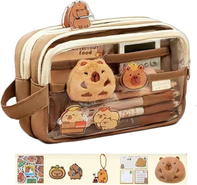 Capybara Pencil Case Capybara Stationery Set Capybara Stationery Comes with a Capybara Doll 20 Capybara Stickers 2 Brooches and Pendants Images Pencil Pouch for Stationery Cosmetics Toiletry Storage