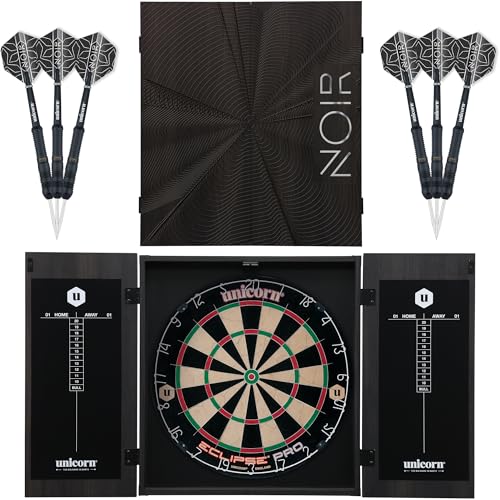 Image of Unicorn Home Darts Centre | Noir | Eclipse Pro Dartboard & Black Cabinet | Sisal Bristle Board with Staple-Free Construction | Wipe-Clean Scoring Blackboard | includes 2 Sets of Darts