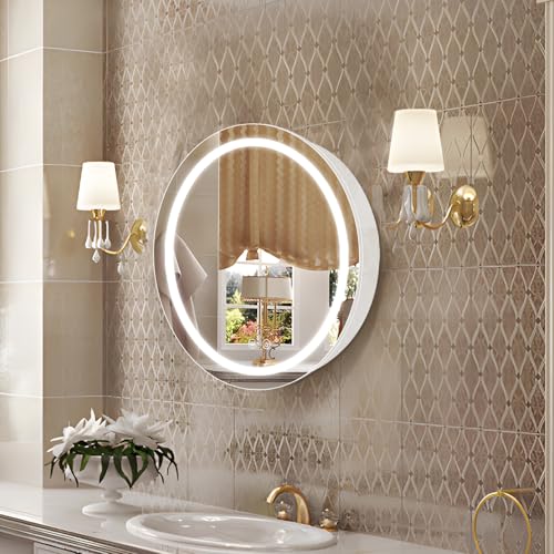 Janboe 51 cm runder Medizinschrank mit Lichtern, LED-Medizinschrank mit Entnebeler, beleuchteter Spiegelschrank für Badezimmer, dimmbar, beschlagfrei, 3000 K-6500 K Farbtemperatur,weiß