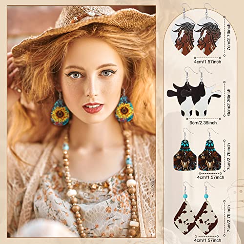 Batiyeer 25 Pairs Western Cowboy Earrings Jewelry Set Boho Vintage Handmade Bohemian Turquoise Cow Print PU Leather Wood Teardrop Dangle Earrings for Women2