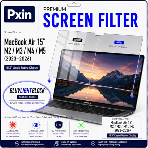 Image of Pxin GlareX Filter compatible with 15 Inch Mac book Air | Anti Blue | Anti Glare | Anti Reflex | UV Block | BLUVLIGHTBlock & OptiX Layer