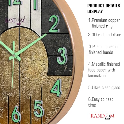 Image of RANDOM Modern 12.75INCH Wall Clock with 3D Radium Numbers, Silent Non-Ticking, Premium Black Frame, Ultra Clear Glass for Living Room, Home Office