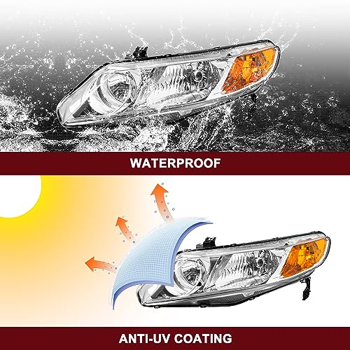 Jsboyat JS009 Headlight Assembly Pair Replacement For 2006-2011 Honda Civic Sedan 4-Door Halogen Headlamp Chrome Housing Amber Reflector  thumb #6