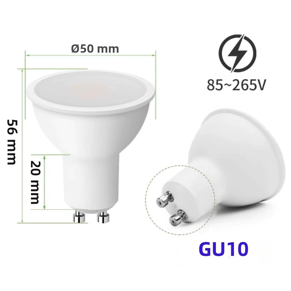 Gu10 230v bombillas LED, haz de inundación de 100°, 2700k blanco cálido 4000k 6500k, regulable, sin parpadeo, alta cri 85+, para iluminación de pista (230V-5W 10pcs/luz blanca 6500K)