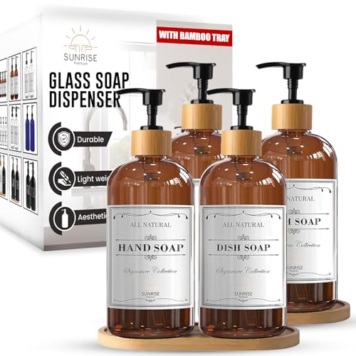 Image of Sunrise Premium 16 OZ Thick Amber Glass Soap Dispenser, Bamboo Pump with Tray 4 Pack, Hand and Dish Soap Dispenser Set for Bathroom with 12 Waterproof Labels