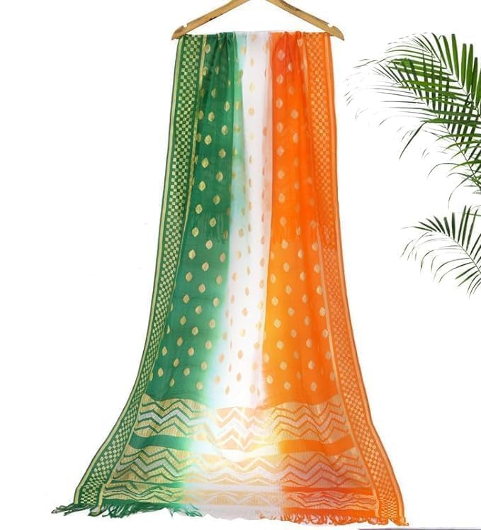 Women's Girls Art Silk Cotton Tricolor Tiranga Dupatta Chunni (2.25 Meter)