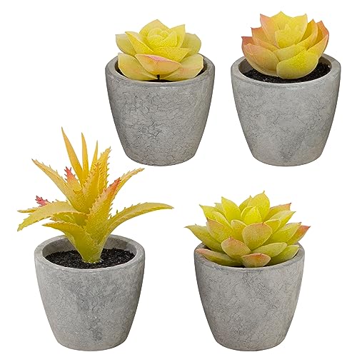 LUZOGA Set of 4 Small Yellow Fake Succulent Plants - Mini Artificial Succulents for Bathroom, Living Room, Office Desk, Coffee Table, Kitchen Shelves - Aesthetic Indoor Shelf Decor