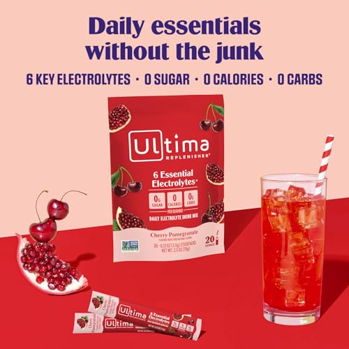 Image of Ultima Replenisher Daily Electrolyte Powder - Cherry Pomegranate, 20 Stickpacks - Zero Sugar Hydration Packets with 6 Electrolytes and Minerals - Sugar Free, Plant Based & Keto Friendly Drink Mix