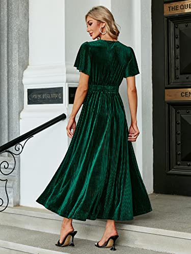 Simplee Women’s Short Sleeve Velvet Maxi Dress V Neck Formal Dress(M Green)
