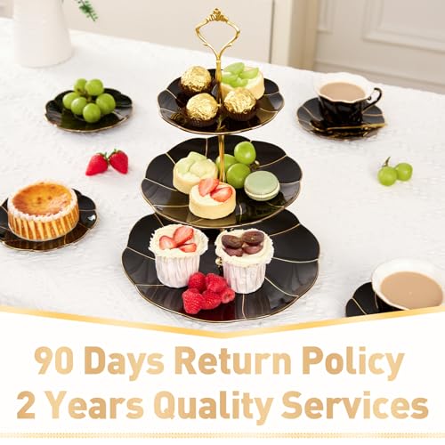 DUJUST Luxury Porcelain 3-Tier Cupcake Stand Tower, British Style Serving Tray with Golden Trim, Food Grade Dessert Display Stand, Beautiful Gift for Tea Party & Home Décor - Black - Image 7