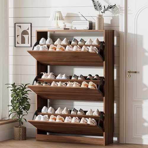 Image of Xixini Shoe Storage Cabinet for Entryway with 3 Flip Drawers, Sturdy Wood Hidden Shoe Storage, Freestanding Narrow Slim Shoe Organizer for Front Door Entrance, Living Room, Hallway, Bedroom, Walnut